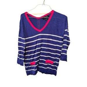 August Silk Blouse Top Womens Medium Purple White Striped V-Neck Casual Pullover